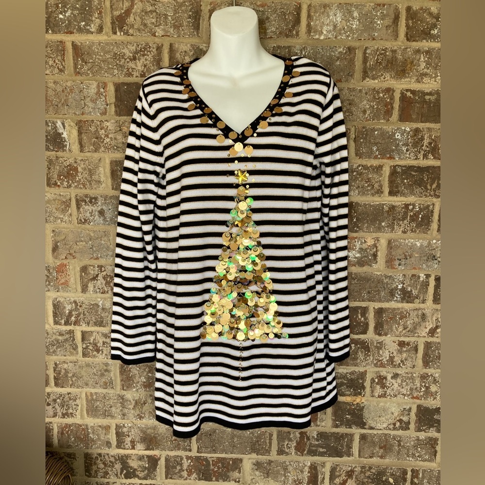 Berek Christmas Tree Sweater Black White Gold Size Medium with Sequins NWT